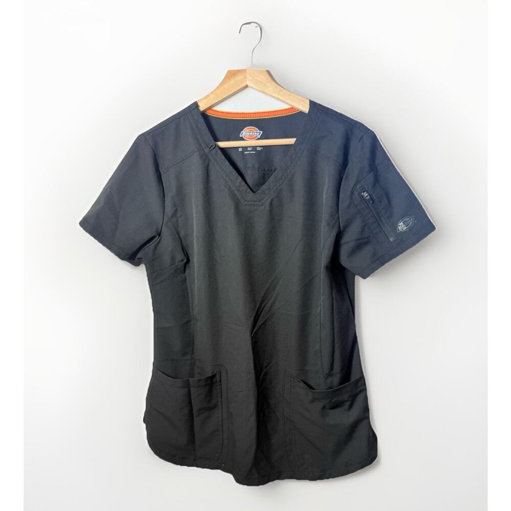 Dickies Scrub Top Womens Black Medium V-Neck Pockets Stretch Comfort Nurse